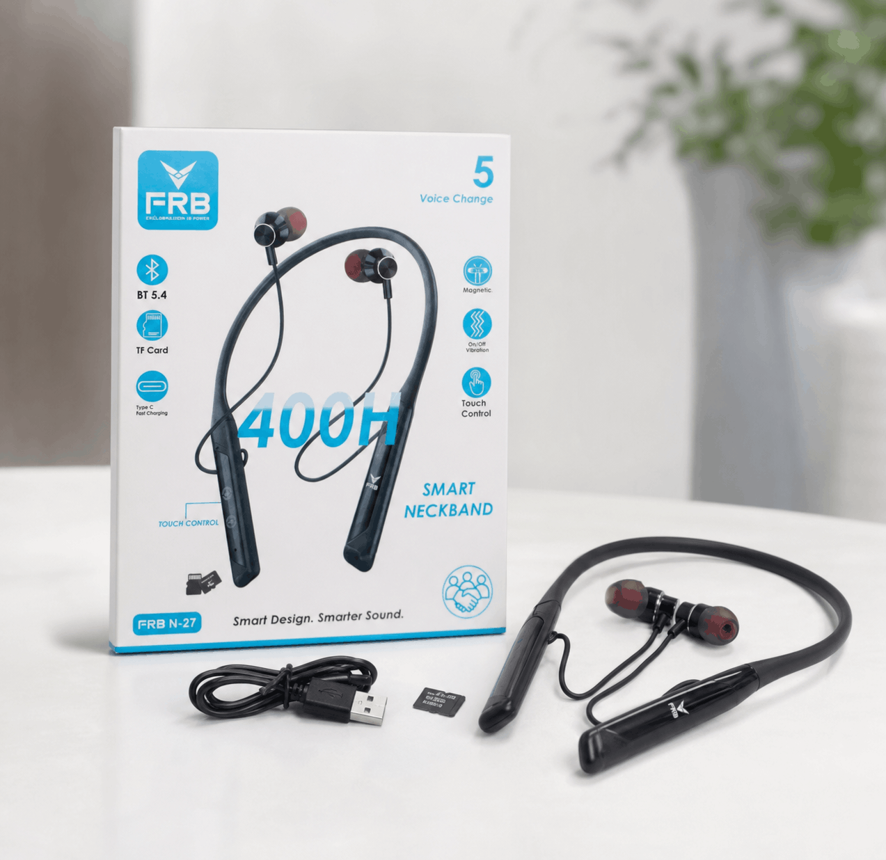 FRB N‑27 Smart Neckband 400H – Bluetooth 5.4, TF Card, Type‑C Fast Charging, Magnetic Earbuds