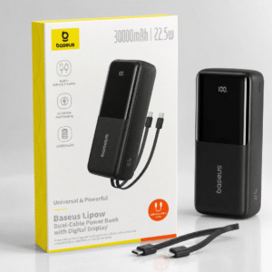 Baseus Lipow 30000mAh Power Bank – 22.5W Fast Charging, Dual Built‑in Cables (USB‑C + iP) with Digital Display