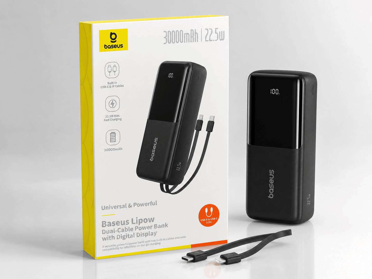 Baseus Lipow 30000mAh Power Bank – 22.5W Fast Charging, Dual Built‑in Cables (USB‑C + iP) with Digital Display