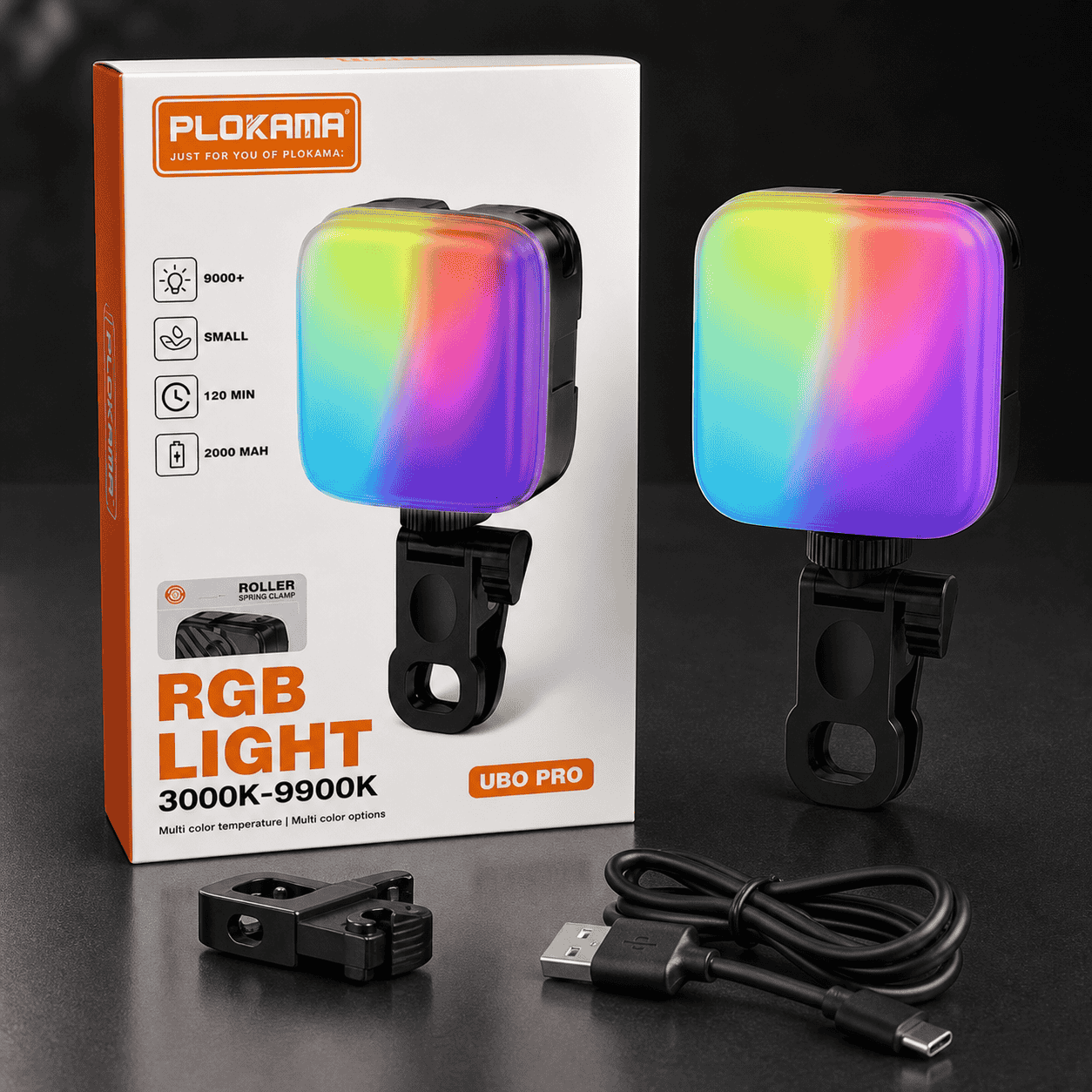 PLOKAMA RGB Light UBO Pro – 3000K–9900K Portable LED Video Light (2000mAh, Clip Mount)
