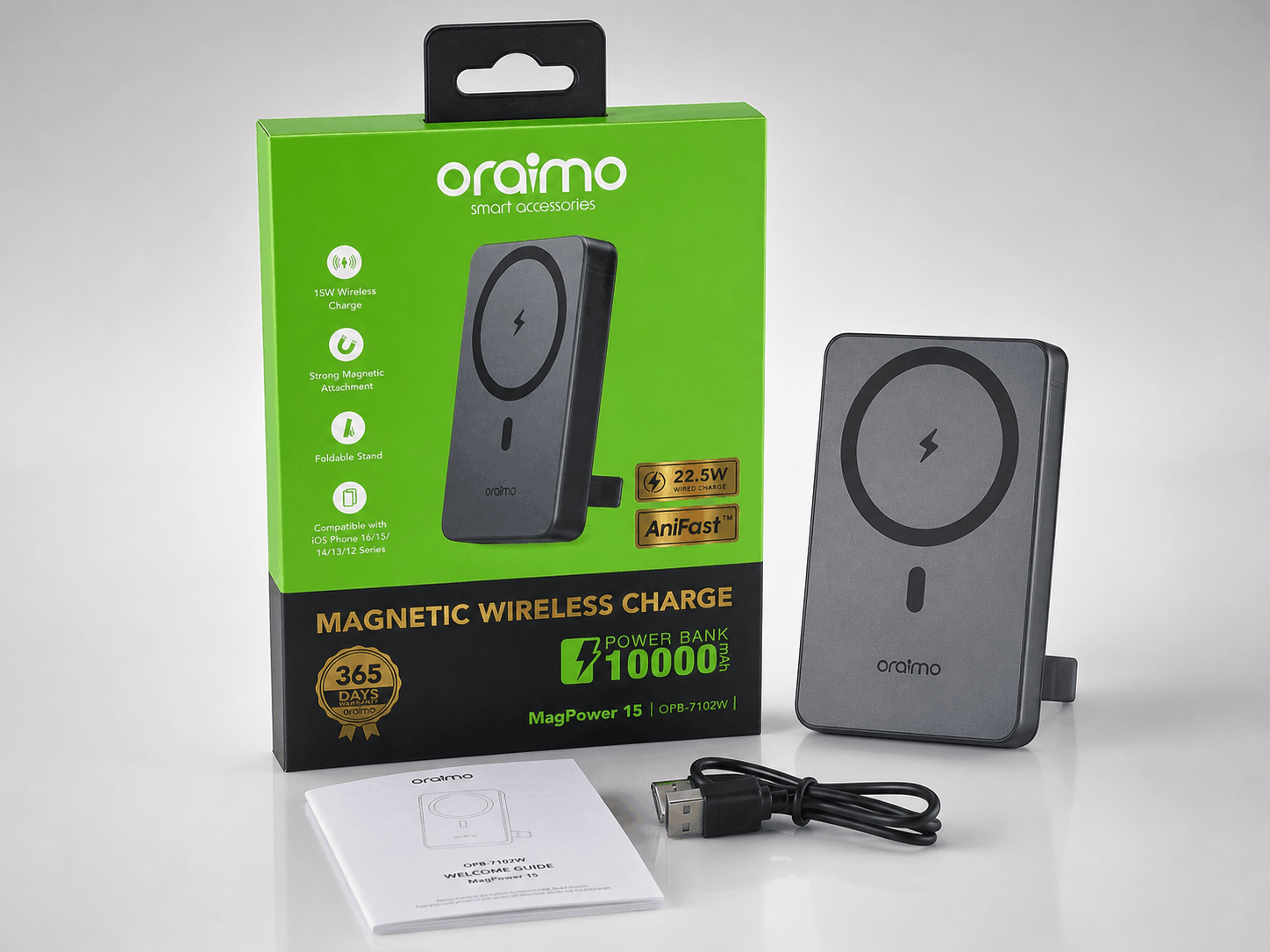 oraimo MagPower 15 10000mAh Magnetic Wireless Power Bank – 15W Wireless, 22.5W AniFast, Foldable Stand (OPB-7102W)